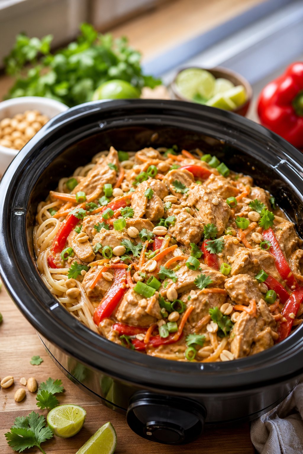 A crockpot filled with Thai peanut chicken noodles, surrounded by fresh ingredients on a kitchen countertop.