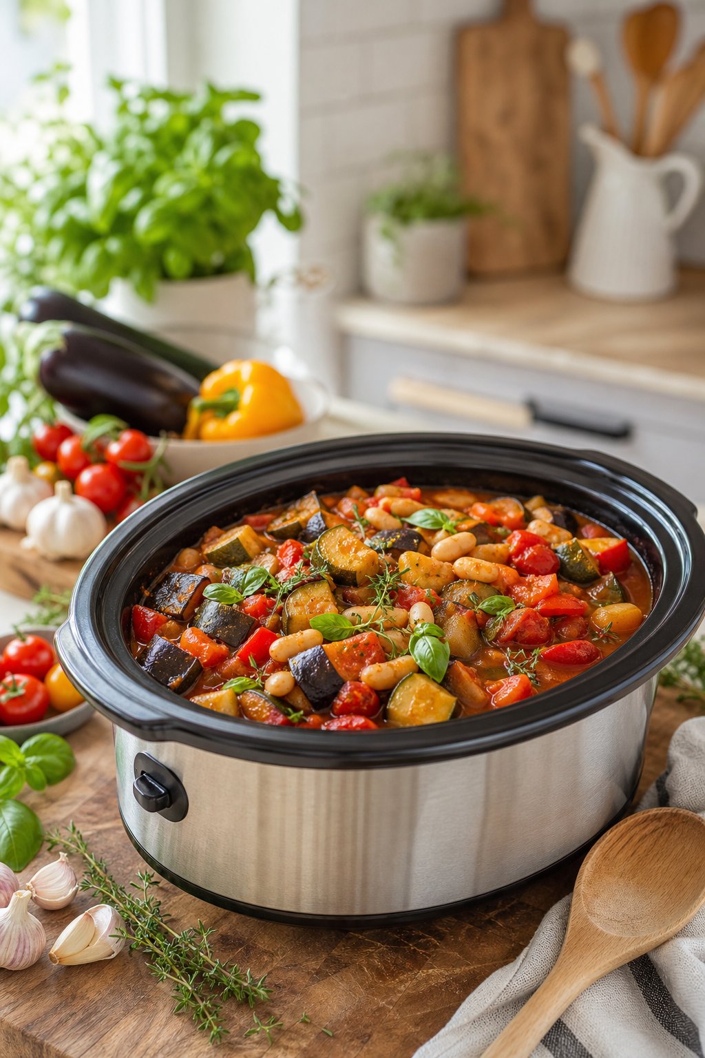 A slow-cooker filled with colorful ratatouille and white beans on a wooden kitchen countertop surrounded by fresh vegetables and herbs.