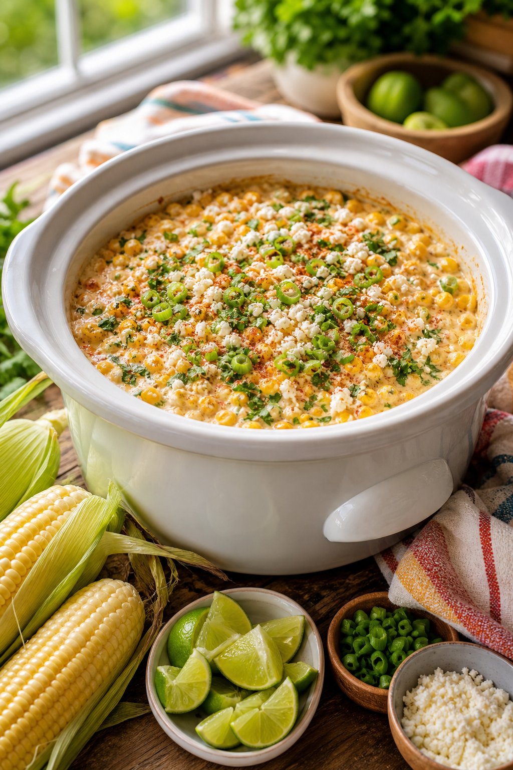 A crockpot filled with creamy Mexican street corn casserole on a wooden table surrounded by fresh corn, lime wedges, and cheese.