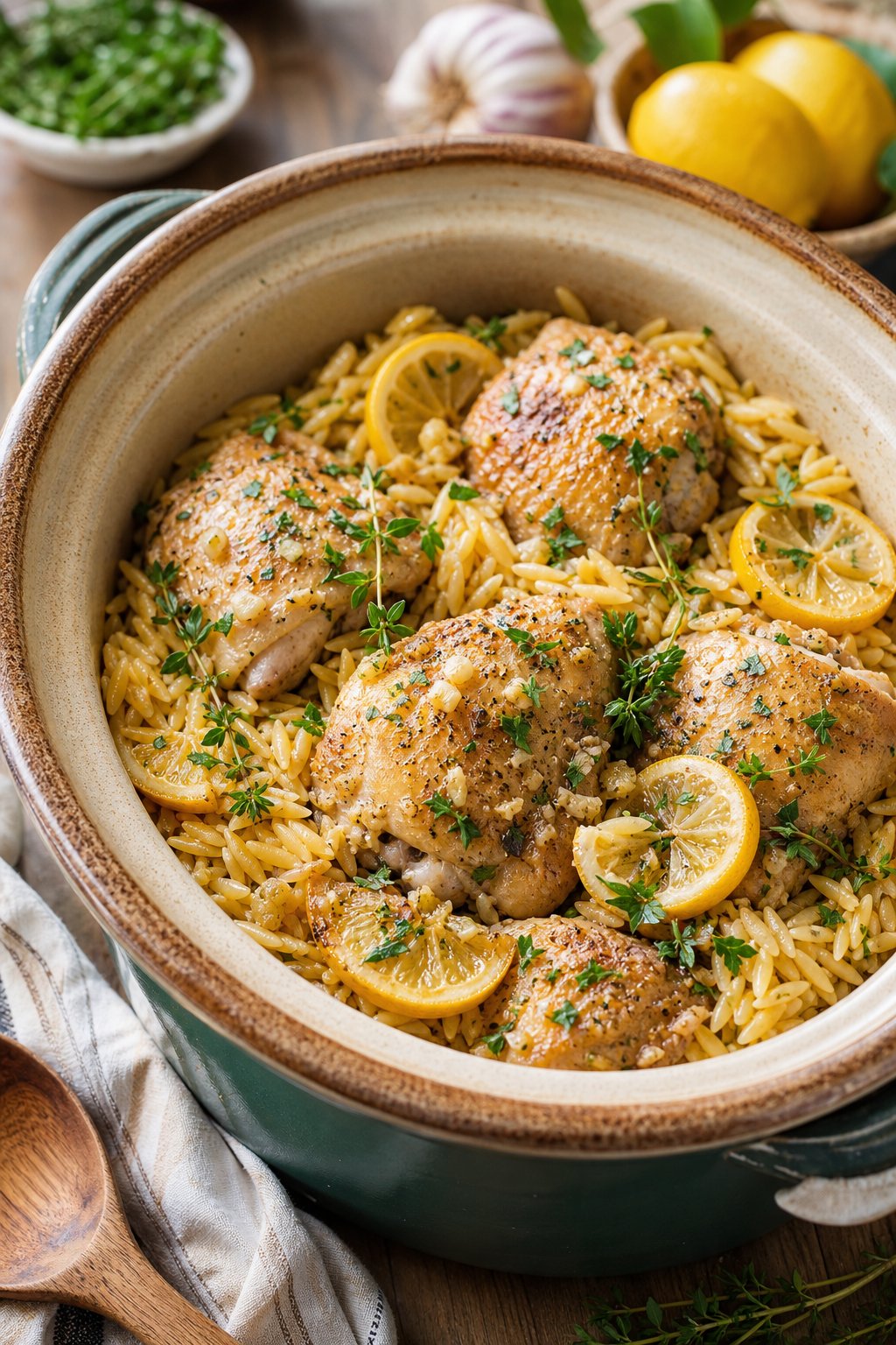 Slow cooker filled with lemon garlic chicken and orzo pasta garnished with fresh herbs on a wooden table.