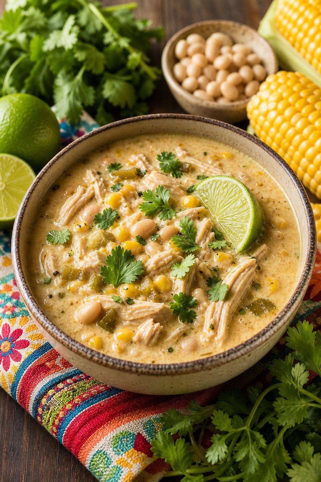 A bowl of white chicken enchilada soup garnished with cilantro and lime, surrounded by fresh ingredients on a wooden table.