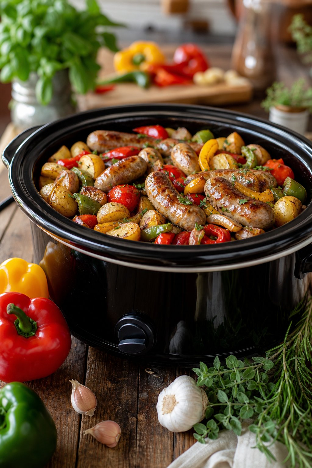 Slow-cooker filled with cooked sausages, bell peppers, and roasted potatoes on a wooden kitchen table with fresh ingredients around it.