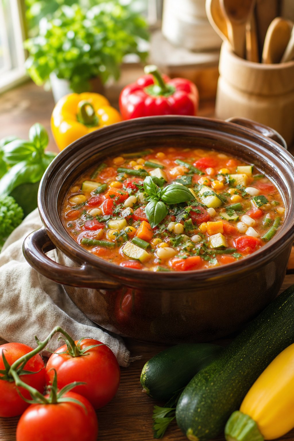 A crockpot filled with summer vegetable minestrone soup surrounded by fresh vegetables on a wooden table.