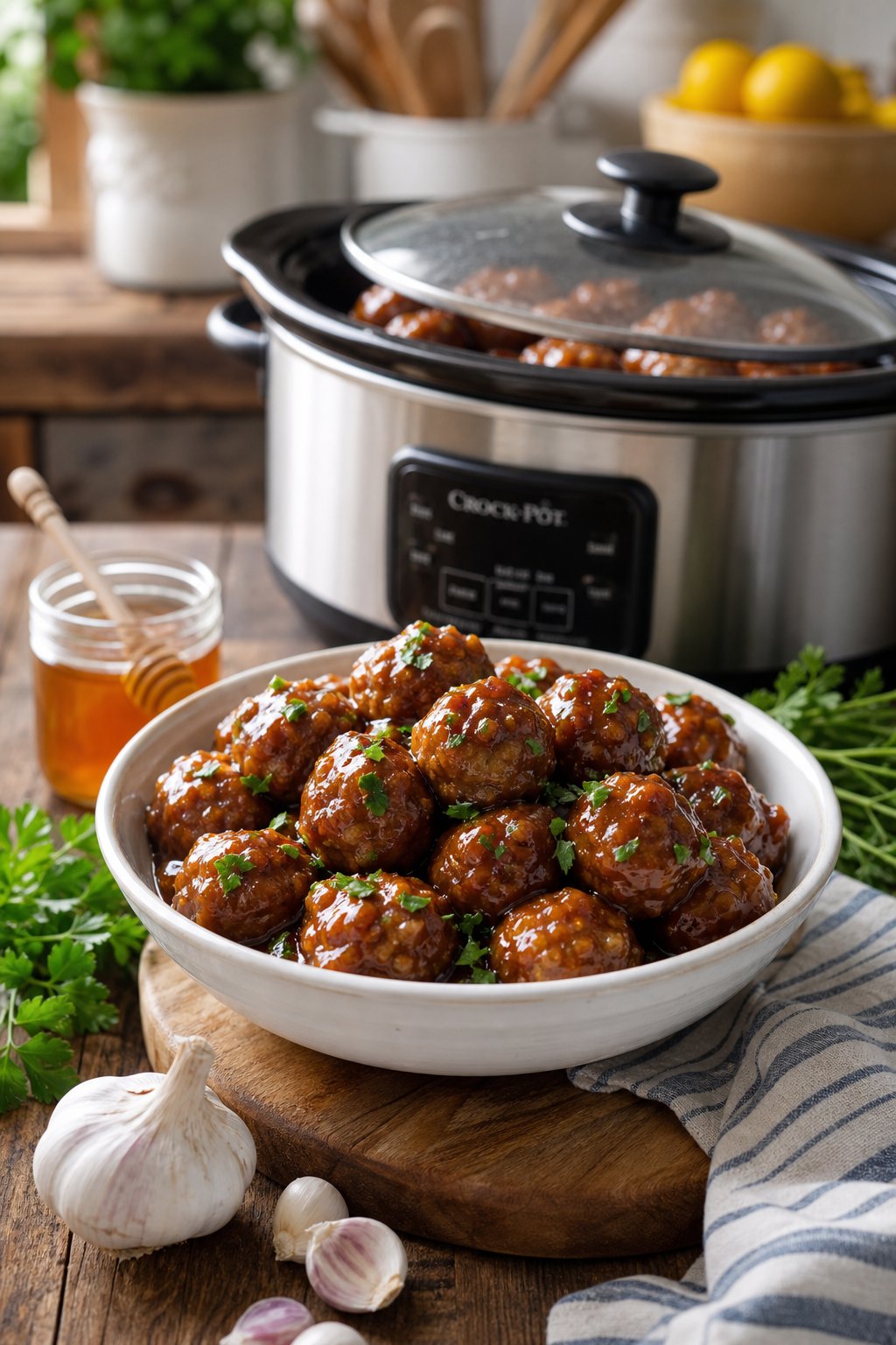 A bowl of honey garlic meatballs on a wooden table with fresh herbs, garlic, and a slow cooker in the background.