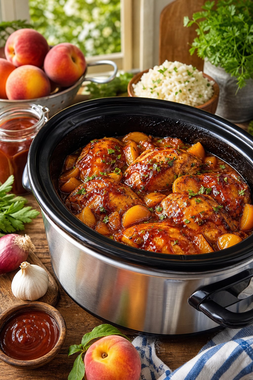 A crockpot filled with peach BBQ chicken surrounded by fresh peaches and ingredients on a kitchen counter.