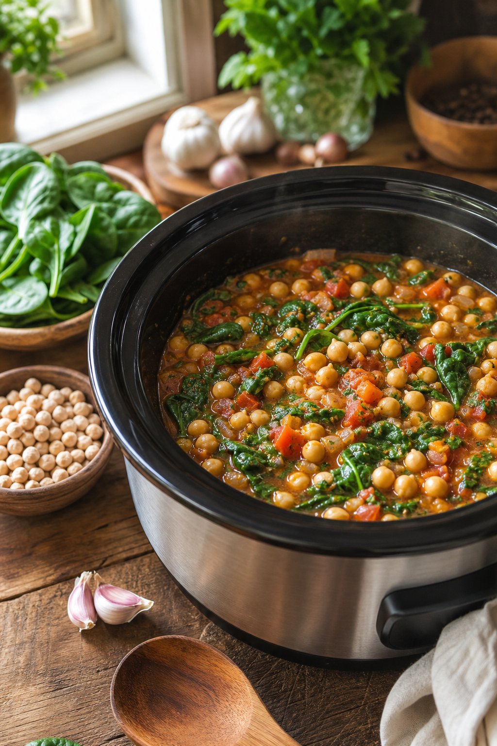 Slow-cooker filled with chickpea and spinach stew on a wooden countertop surrounded by fresh ingredients.