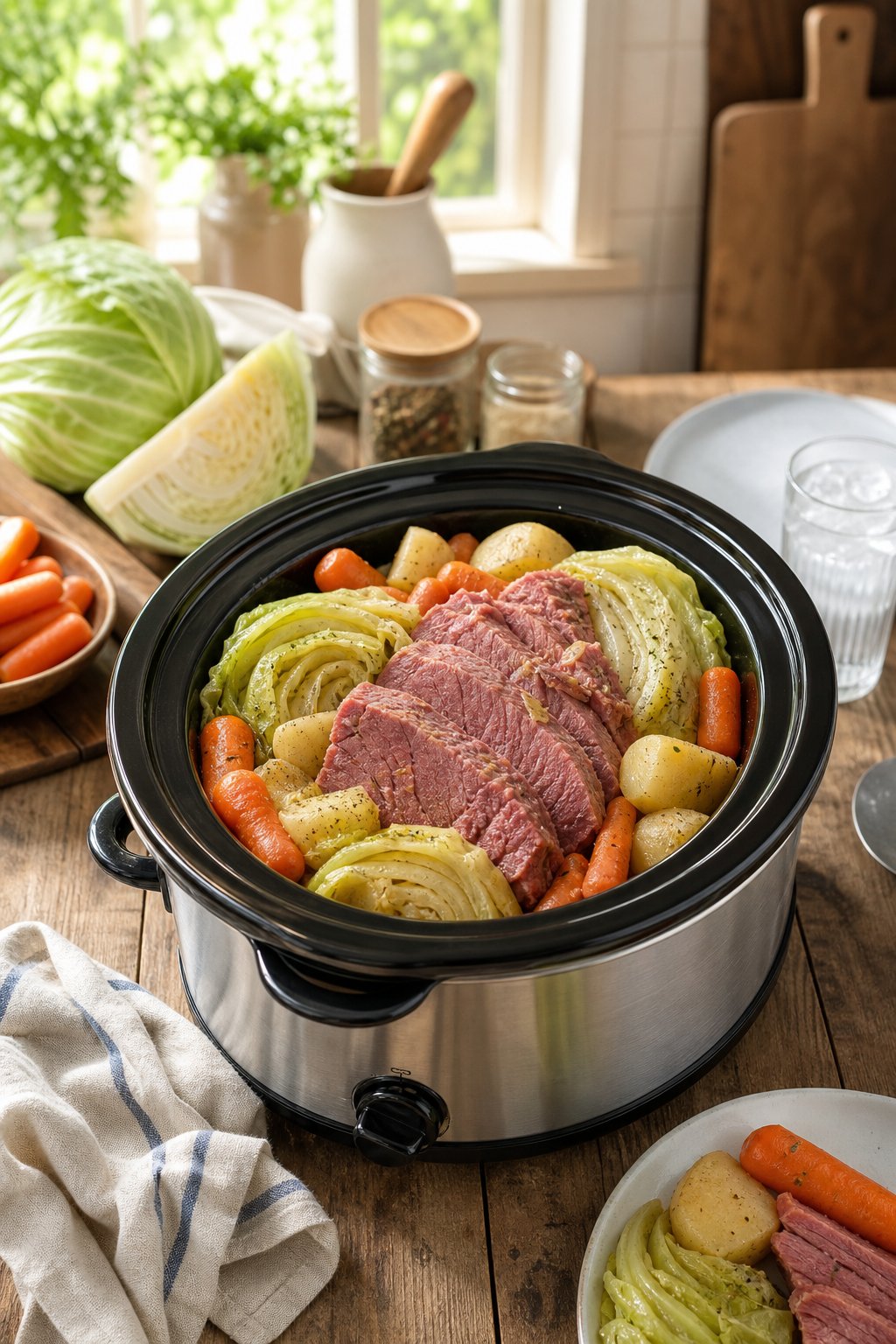 A crockpot filled with cooked corned beef, cabbage, carrots, and potatoes on a wooden table in a bright kitchen.