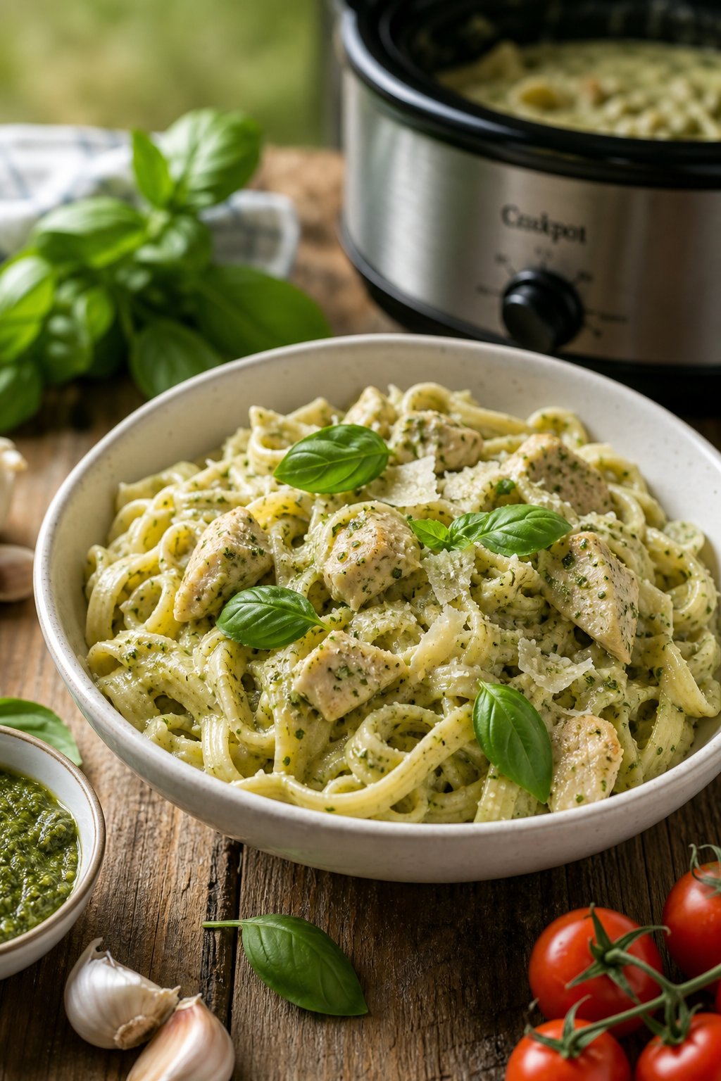 A bowl of creamy pesto chicken pasta garnished with fresh basil on a wooden table with fresh ingredients around it.