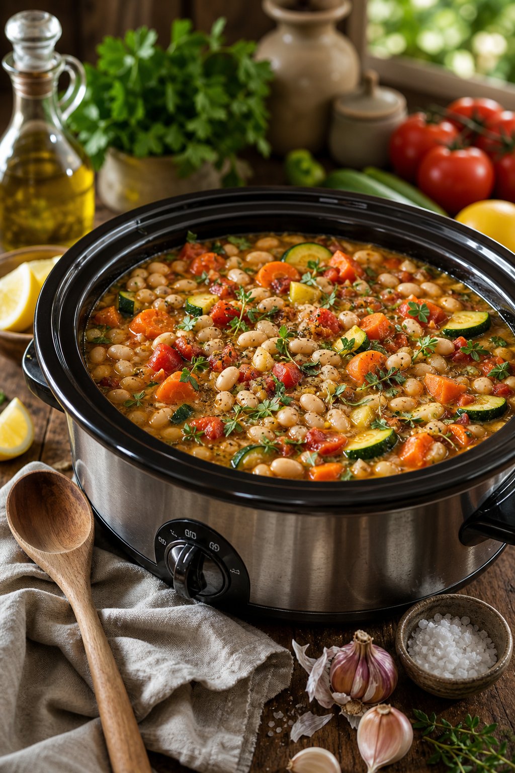 A crockpot filled with Mediterranean white bean stew on a kitchen table surrounded by fresh ingredients.