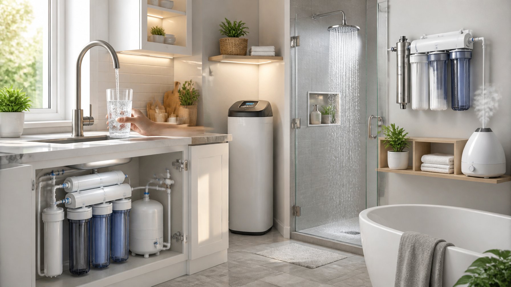 A modern kitchen and bathroom showing clear running water from a faucet and showerhead, with visible water filtration and treatment devices installed in the home.