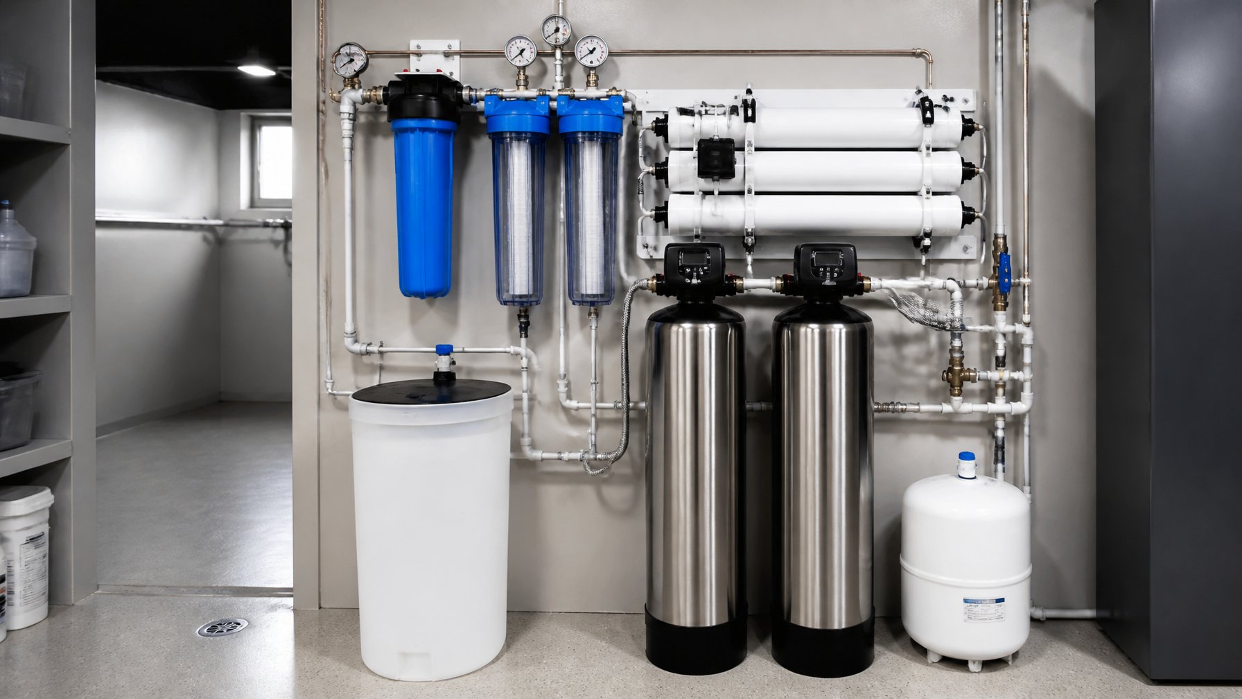 A whole-house reverse osmosis water filtration system installed in a clean basement or utility room with visible pipes and filters.