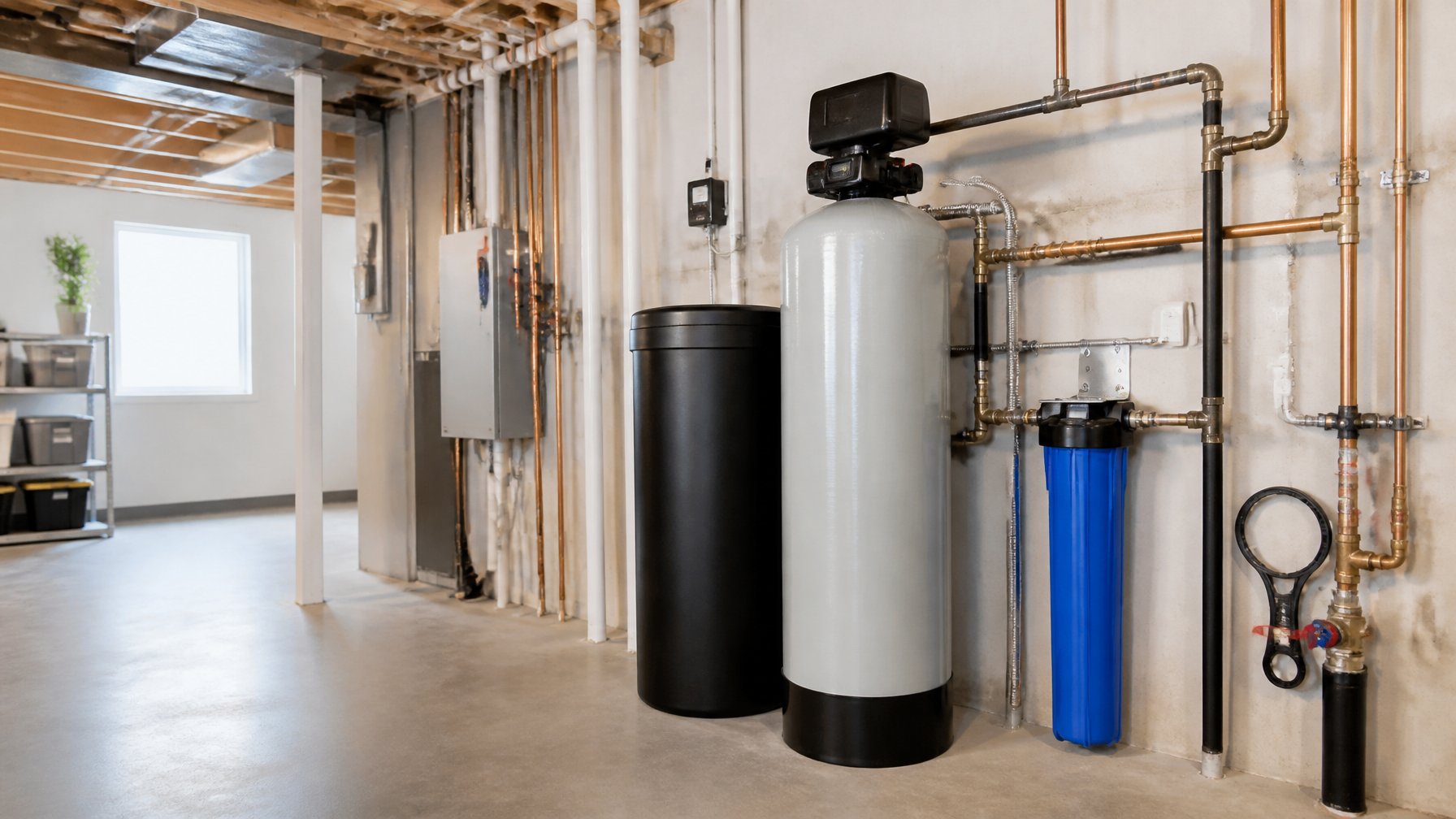 A whole-home water filtration system with large cylindrical filters and pipes installed in a clean utility room.