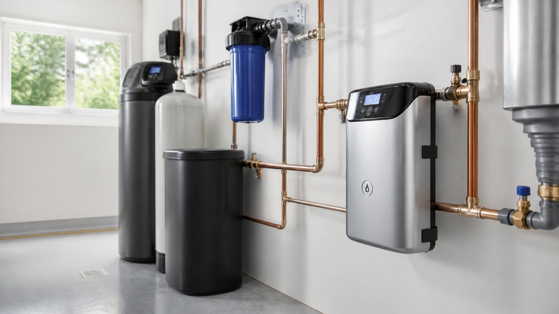 A modern water treatment system with a salt-free water conditioner installed in a bright utility room with visible pipes and plumbing.