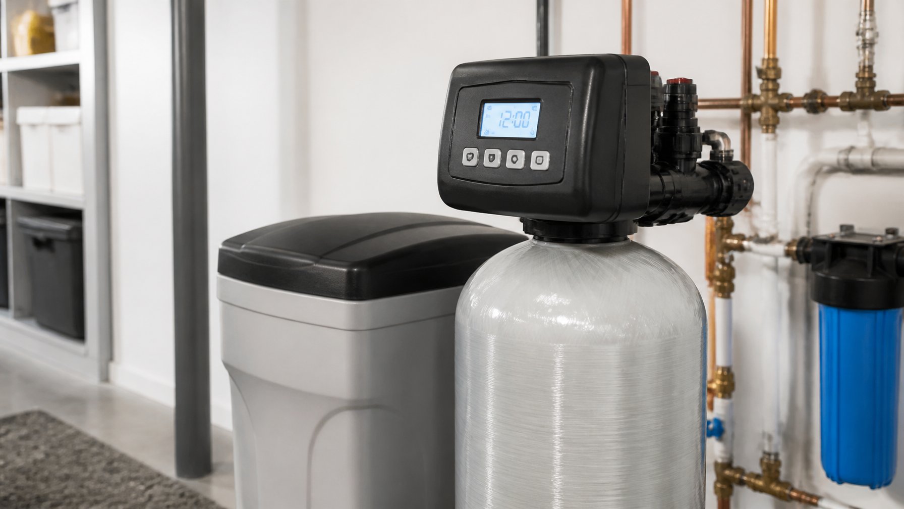 A water softener system with a digital control valve installed in a clean utility room, showing pipes and plumbing connections.