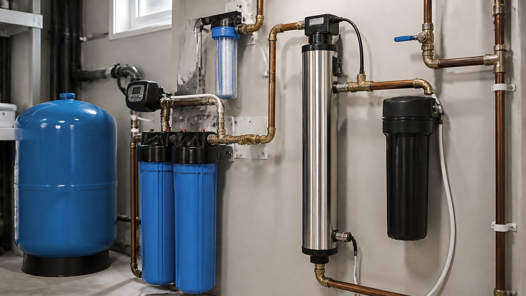 A whole-house UV water disinfection system installed in a clean utility room with visible plumbing and water treatment components.