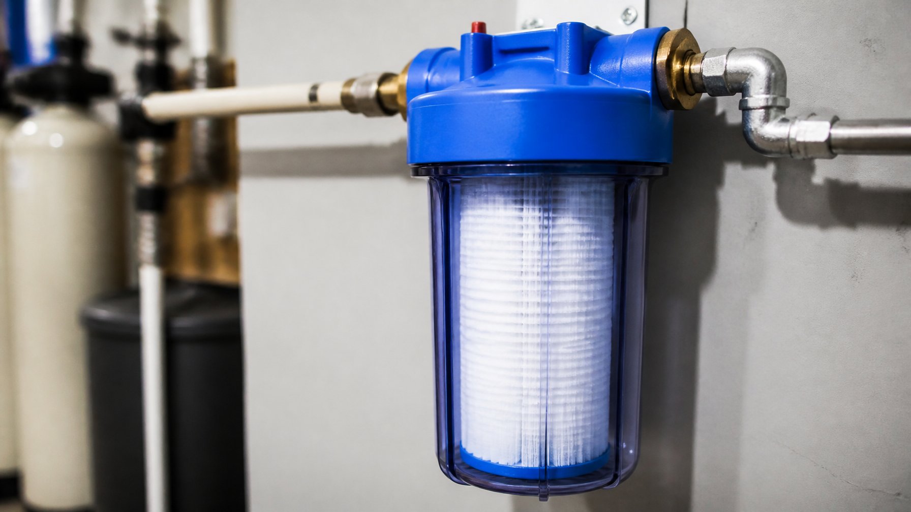 Close-up of a blue sediment pre-filter housing with a white 5-micron cartridge inside, mounted on a wall with visible plumbing connections.