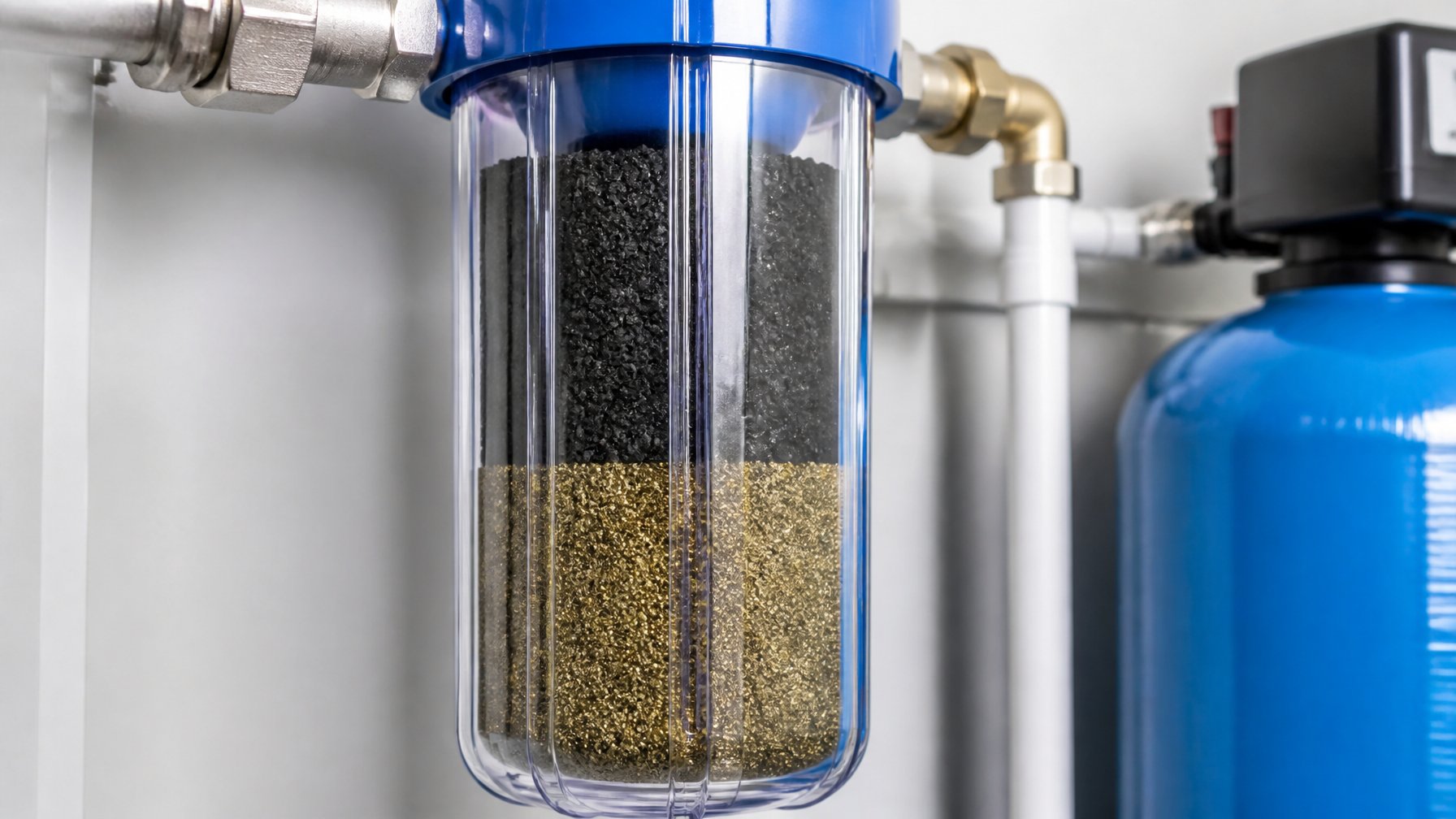 Close-up of a water filter housing showing metallic and granular filter media inside, part of a home water treatment system.