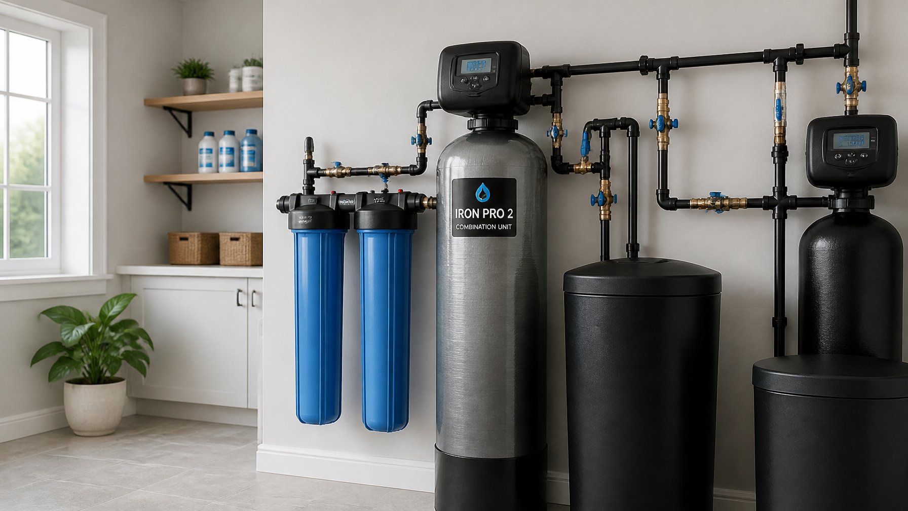 A residential utility room with a point-of-entry iron filter water treatment system and connected pipes.