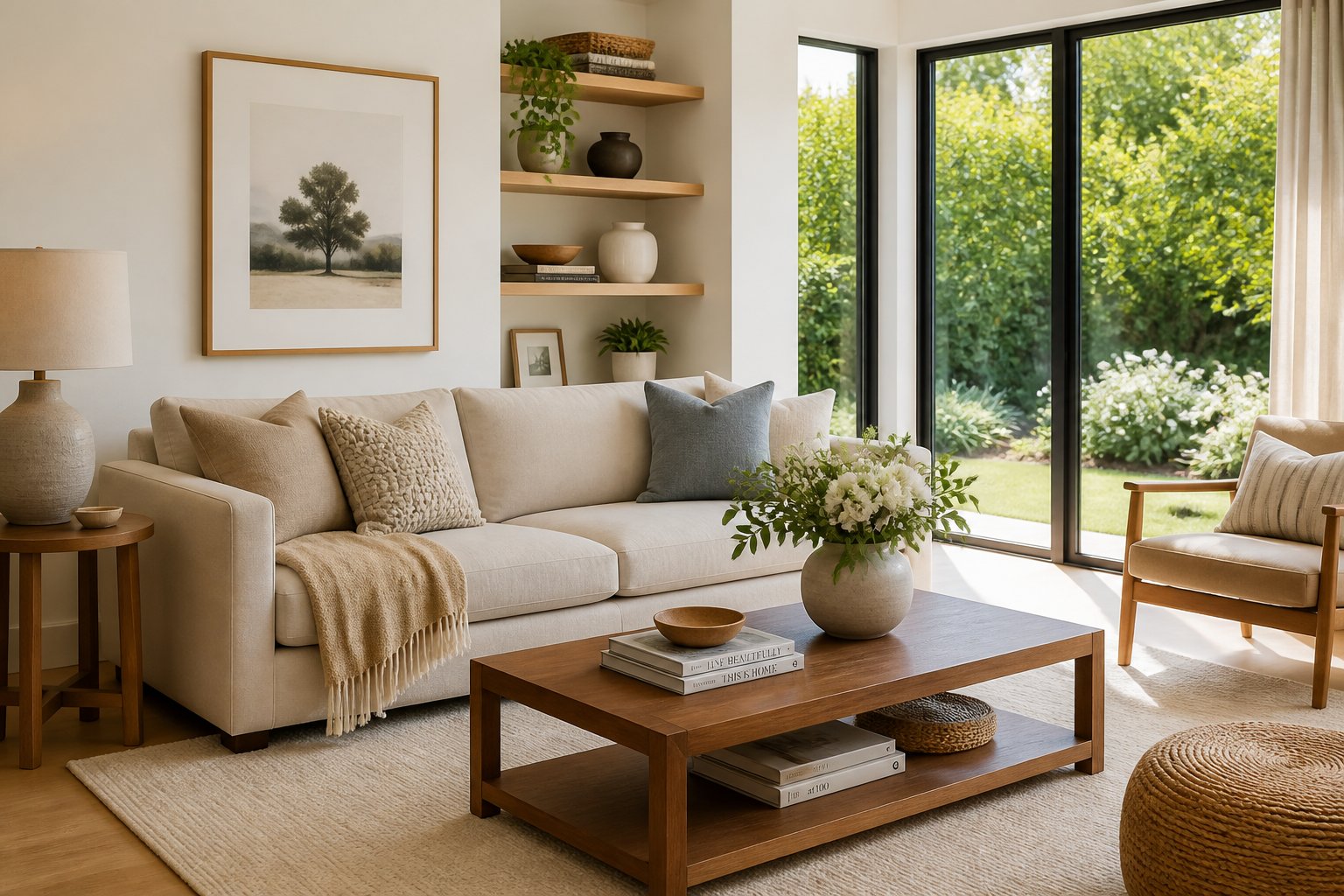 A sunlit modern living room with a beige sofa, wooden coffee table, large windows showing a green garden, and cozy decorative elements.