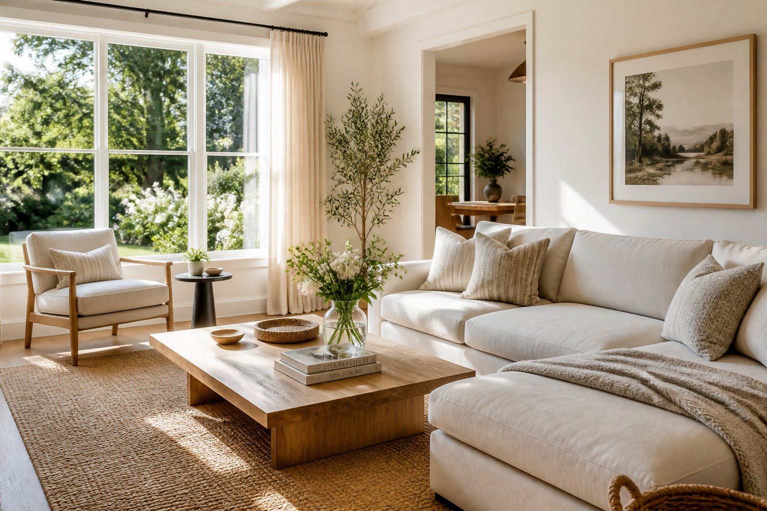 A sunlit living room with a sofa, coffee table, plants, and large windows overlooking a garden.