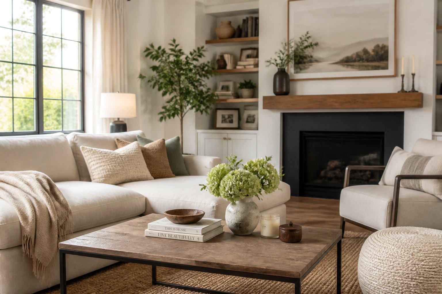 A bright living room with a sofa, coffee table, plants, and natural light coming through large windows.