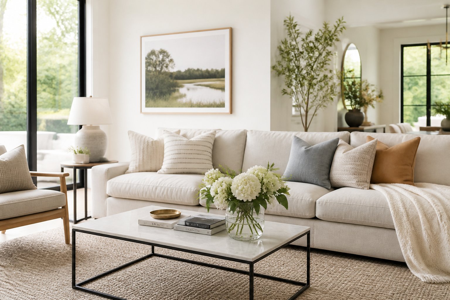 A bright living room with a sofa, coffee table, flowers, and plants, bathed in natural light.