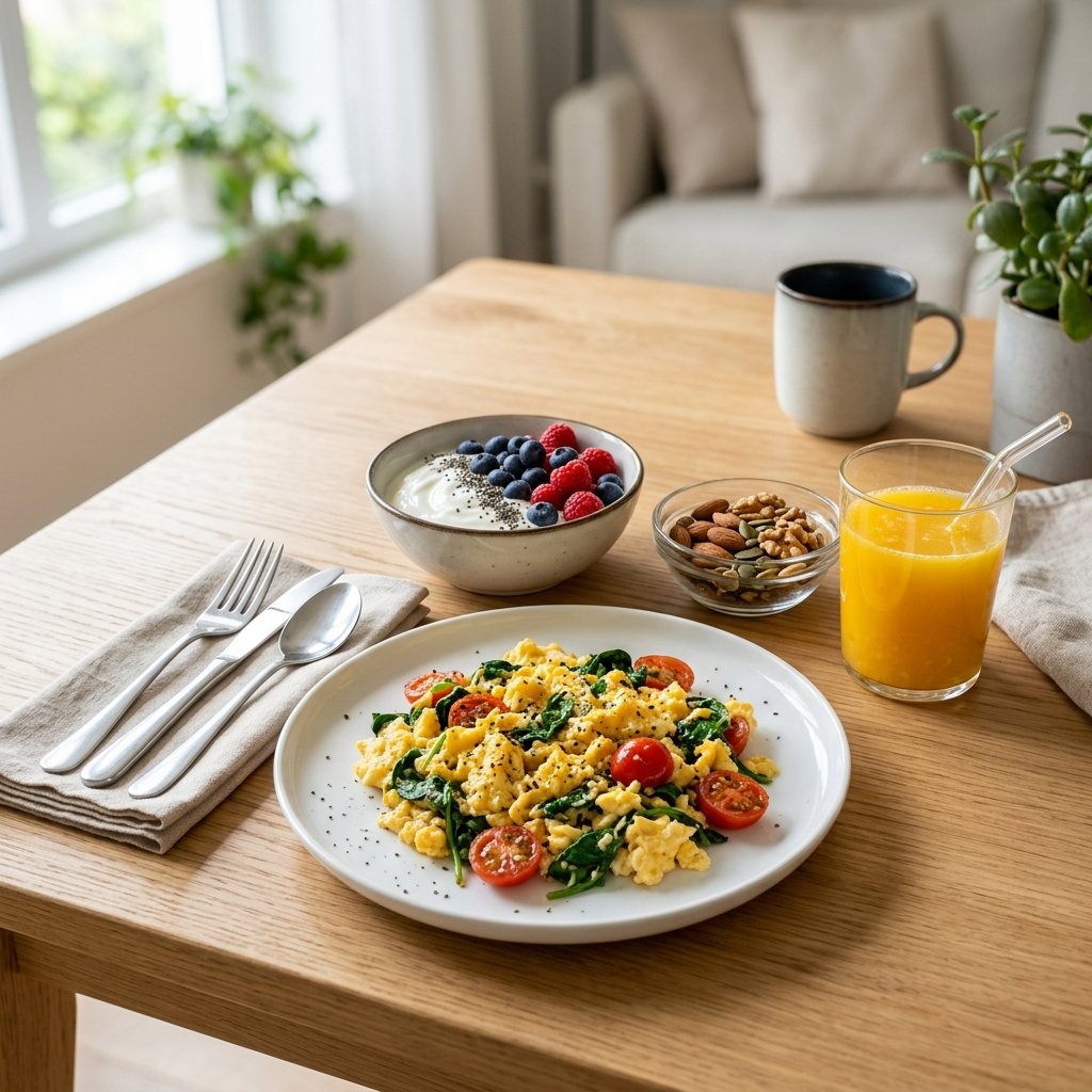A high protein breakfast with scrambled eggs, Greek yogurt with berries, mixed nuts, and orange juice on a wooden table.