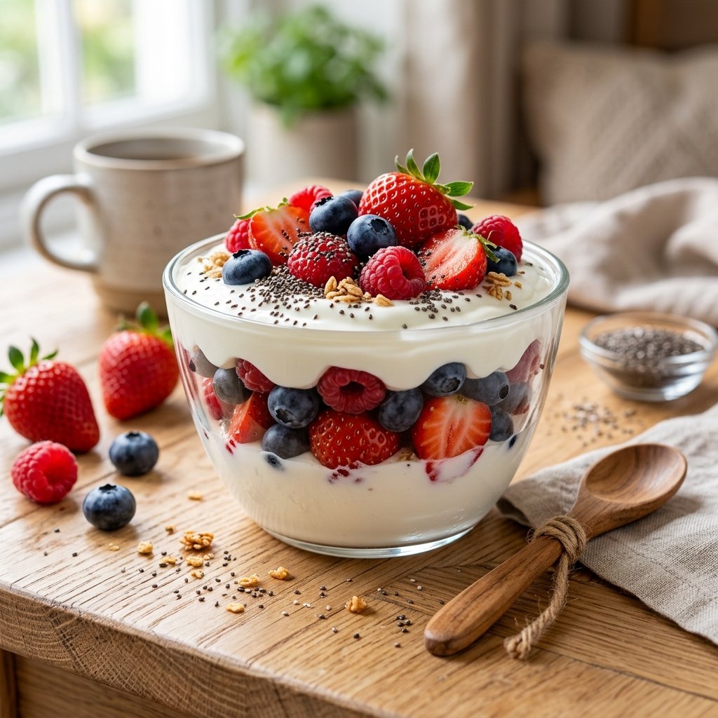 A glass bowl filled with Greek yogurt parfait layered with mixed berries and chia seeds on a wooden table.