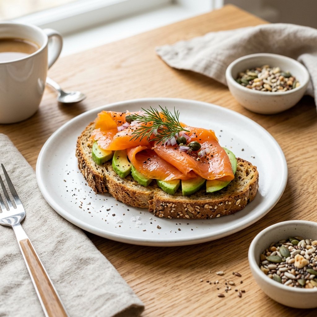 A plate with whole-grain toast topped with smoked salmon and sliced avocado on a wooden table.