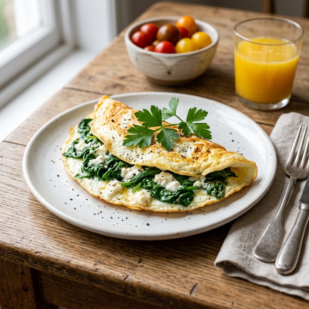A plate with an egg white omelette filled with spinach and feta cheese on a wooden table, with a glass of orange juice and bowl of cherry tomatoes in the background.