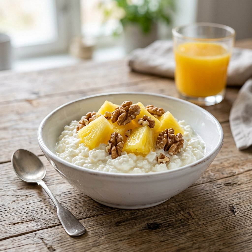 A bowl of cottage cheese topped with pineapple chunks and walnuts on a wooden table with a glass of orange juice in the background.