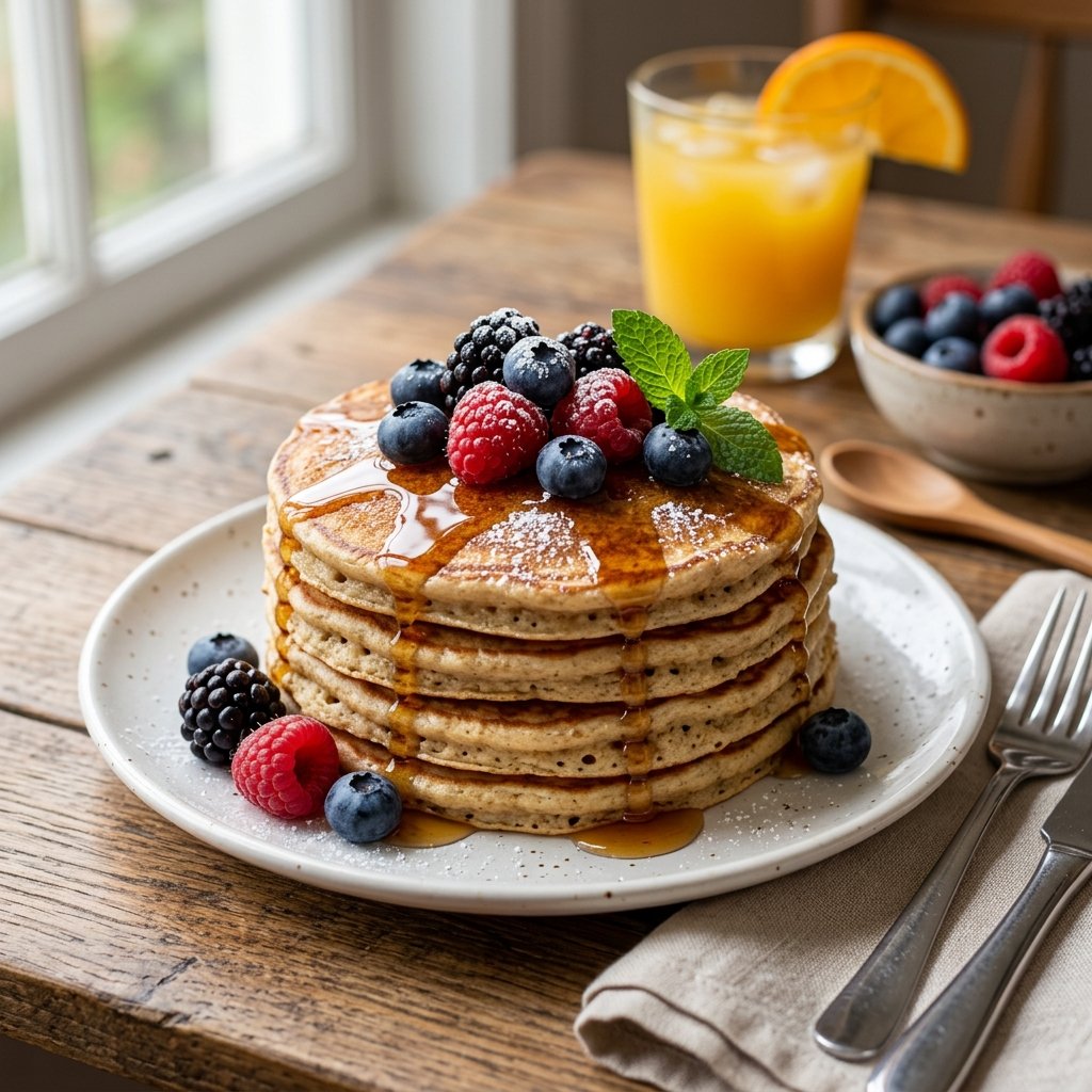 A stack of protein pancakes topped with fresh berries and syrup on a white plate, with a glass of orange juice and a bowl of berries in the background.