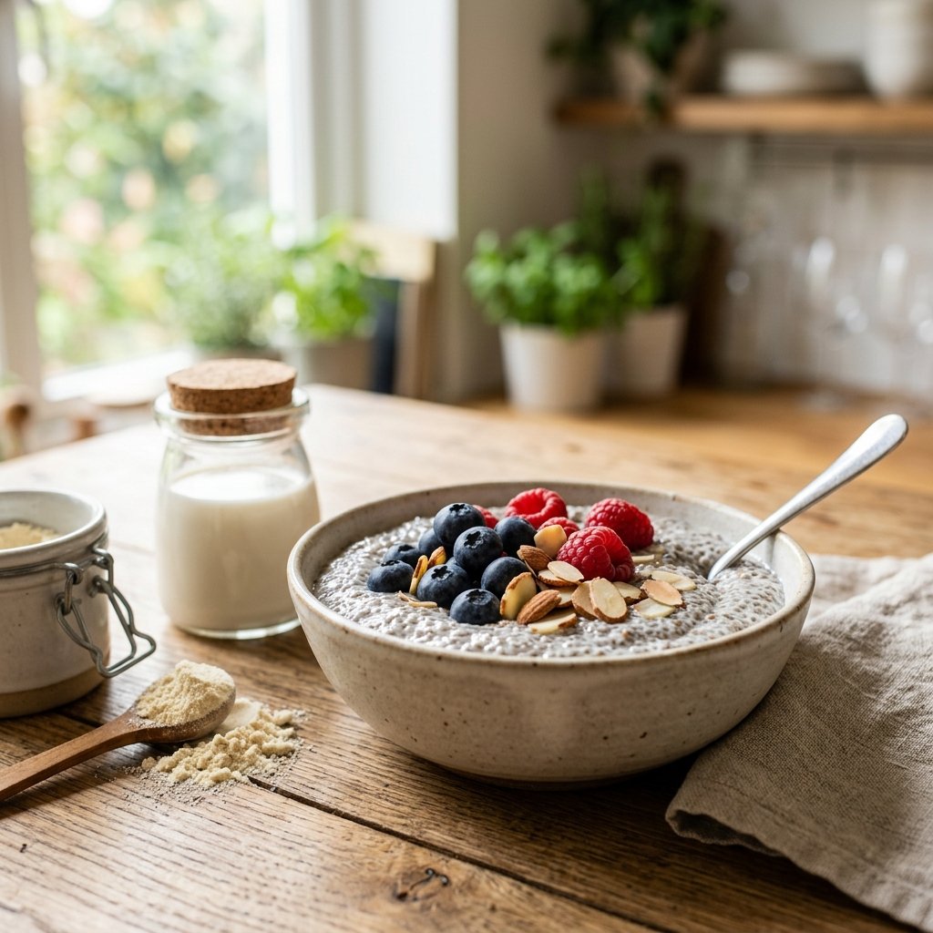 A bowl of chia seed pudding topped with fresh berries and sliced almonds, placed on a wooden table with almond milk and protein powder nearby.