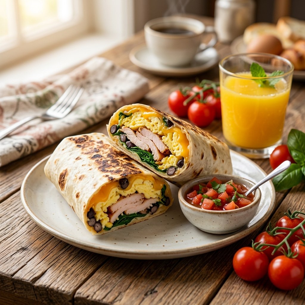 A turkey and egg breakfast burrito cut in half on a wooden table with a glass of orange juice and a small bowl of salsa.