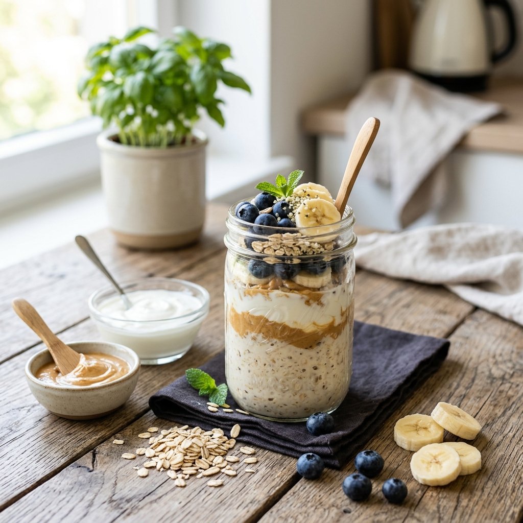 A jar of overnight oats layered with Greek yogurt and peanut butter, topped with blueberries and banana slices on a wooden table surrounded by ingredients.