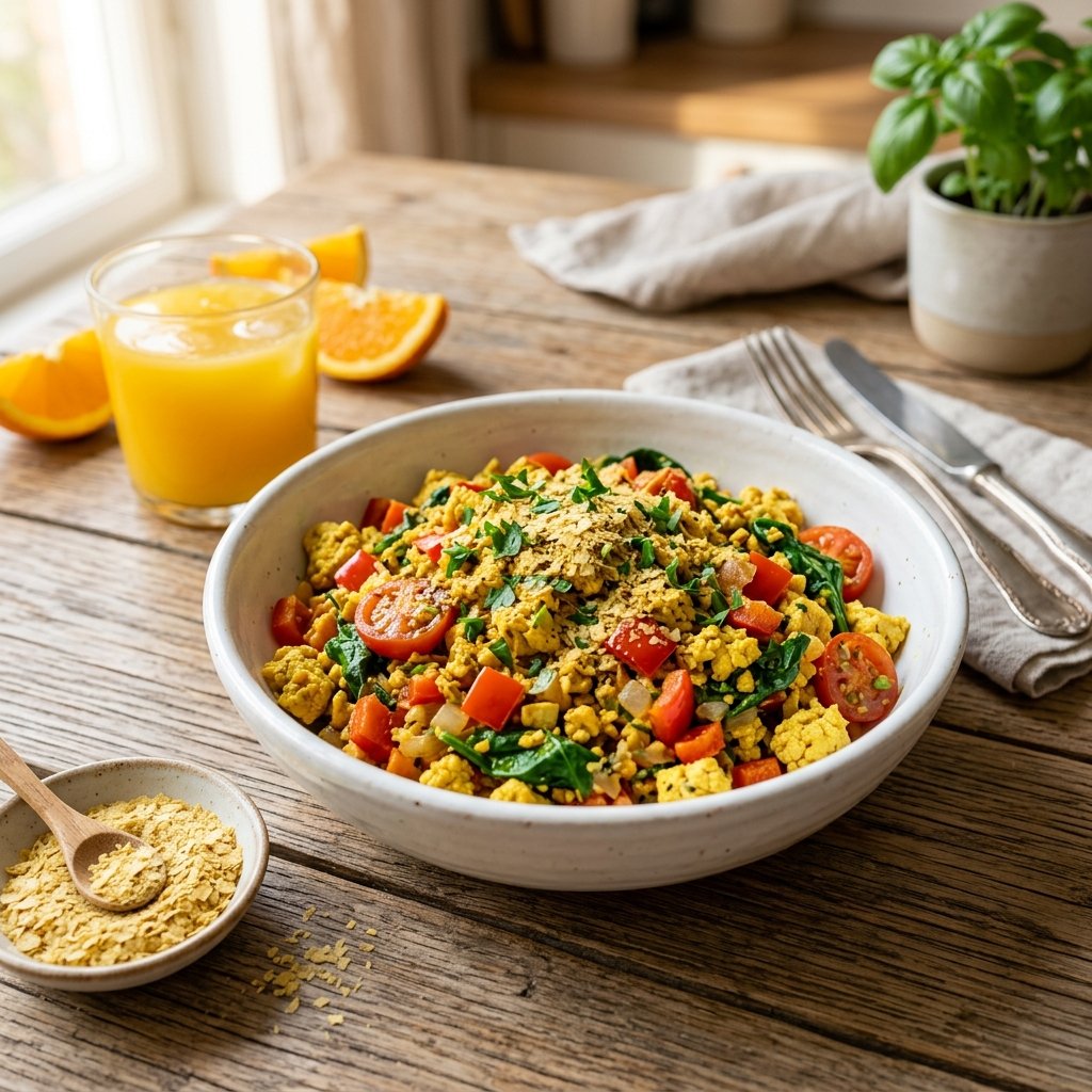 A bowl of tofu scramble with colorful vegetables and nutritional yeast on a wooden table, accompanied by fresh ingredients and a glass of orange juice.