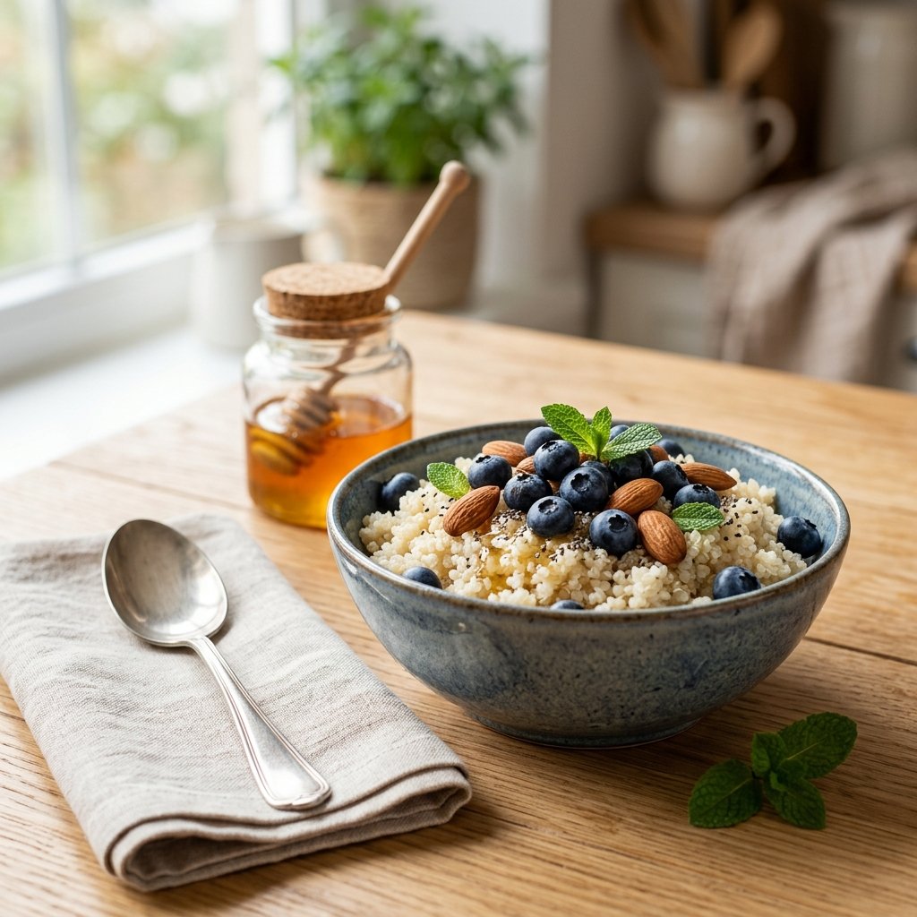 A bowl of quinoa breakfast topped with fresh blueberries and almonds on a wooden table.