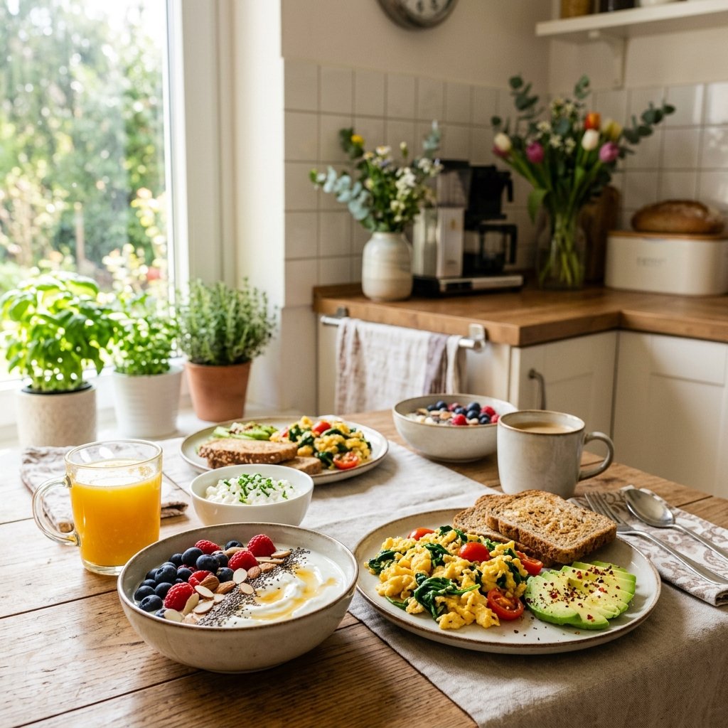 A breakfast table with scrambled eggs, Greek yogurt with berries, avocado slices, orange juice, and cottage cheese in a bright kitchen.