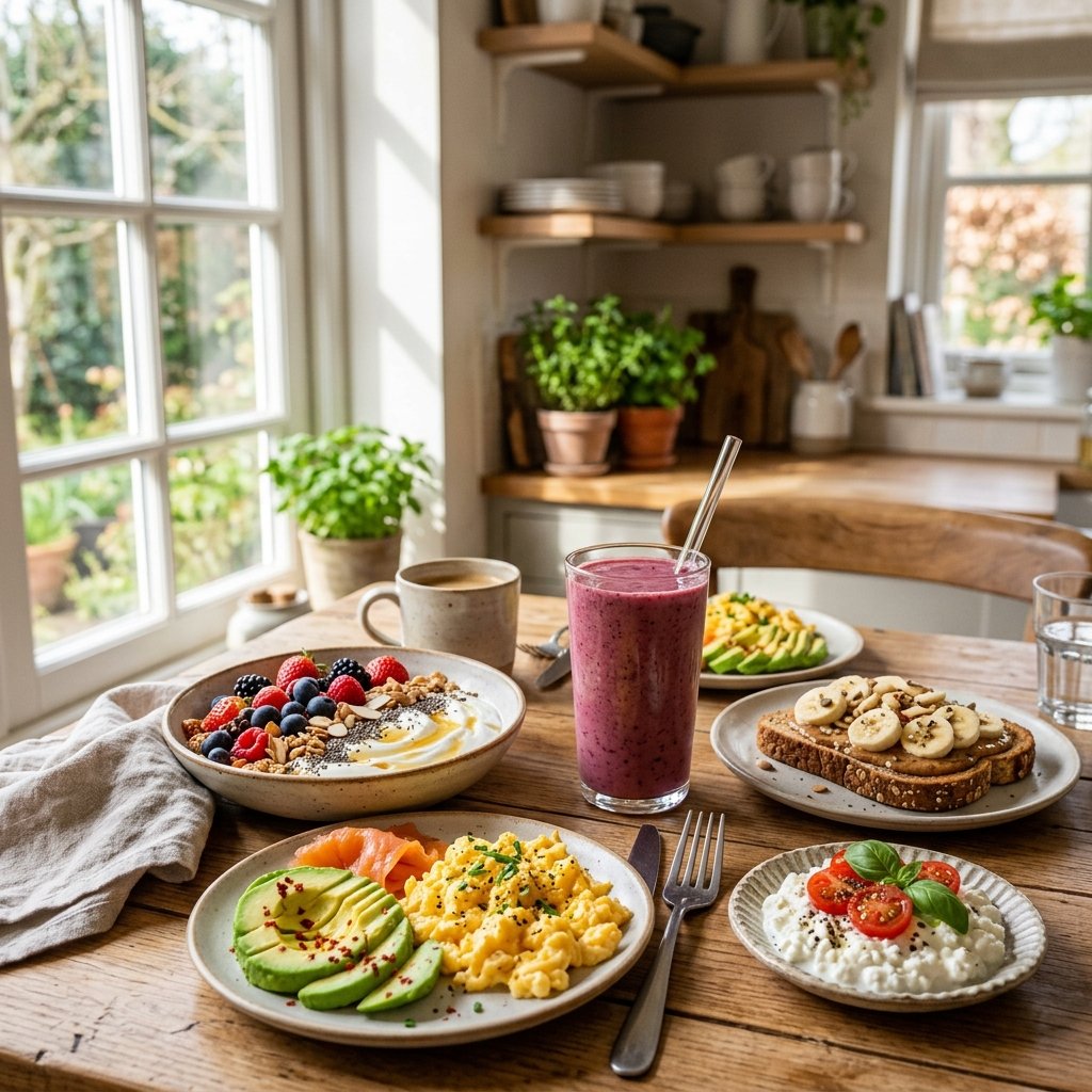 A breakfast table with Greek yogurt, scrambled eggs, avocado, protein smoothie, toast, and cottage cheese arranged in a kitchen with morning light.