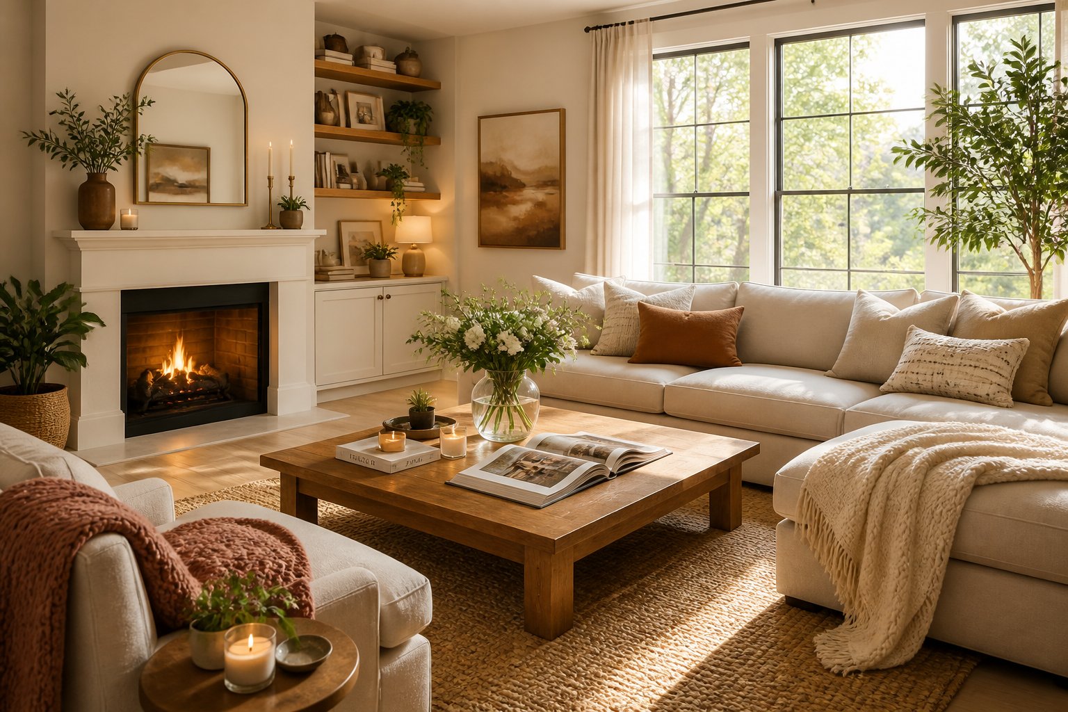 A sunlit living room with comfortable seating, a wooden coffee table with flowers and books, indoor plants, and warm decor creating a welcoming atmosphere.