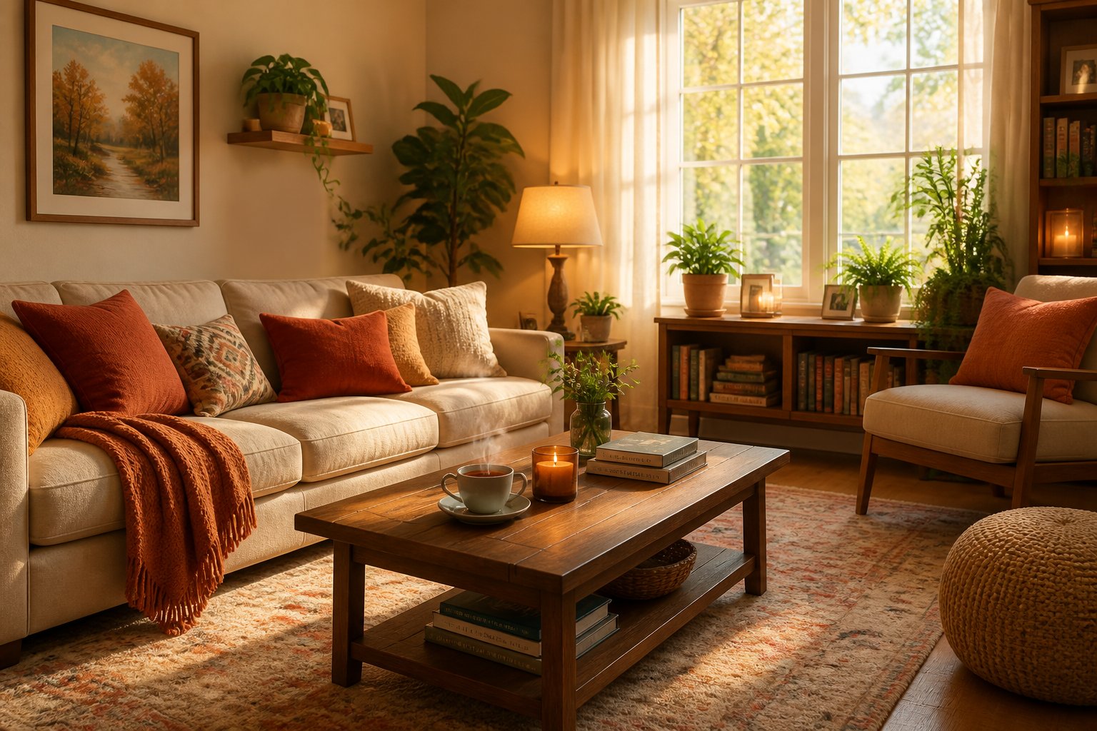A cozy living room with soft natural light, warm wooden furniture, plants, and a steaming cup of tea on a coffee table.