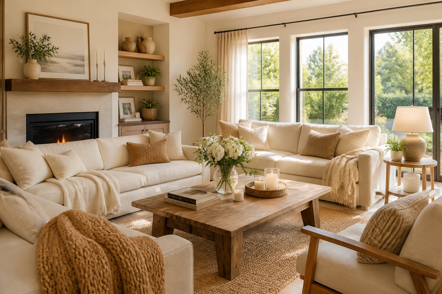 A bright living room with comfortable seating, a wooden coffee table with flowers, and large windows showing greenery outside.