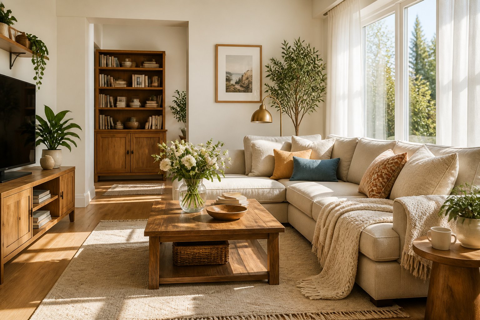 A sunlit living room with a comfortable sofa, wooden furniture, fresh flowers, and indoor plants creating a warm and welcoming atmosphere.