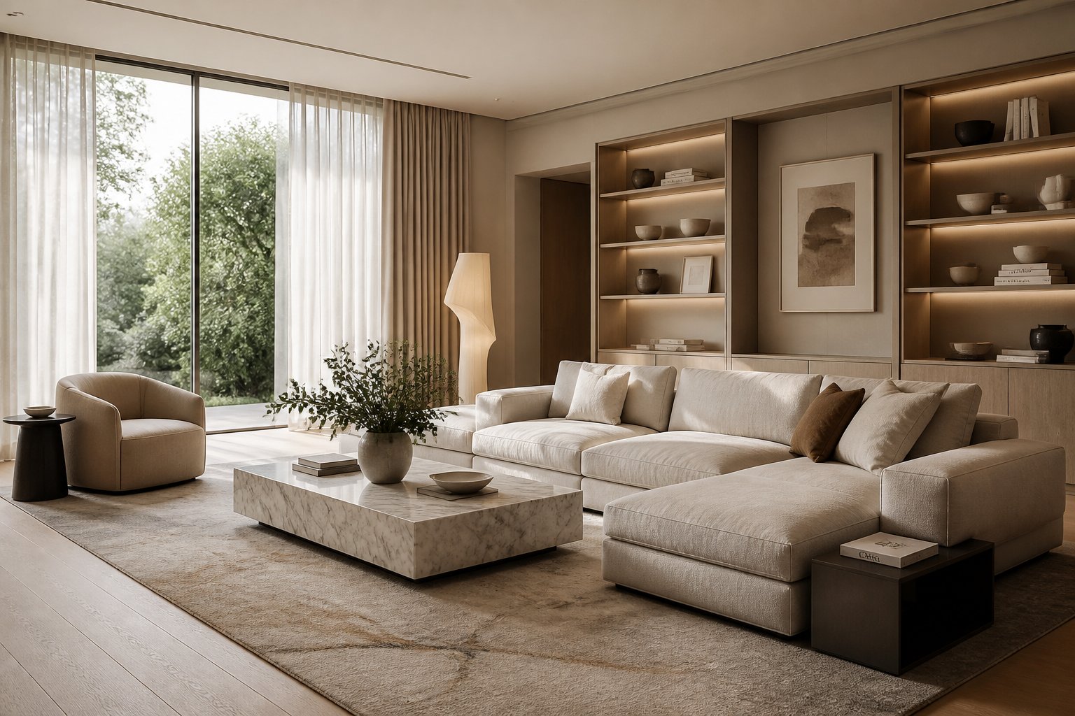 A bright and elegant living room with large windows, a comfortable sofa, a marble coffee table with a vase of greenery, and built-in shelves displaying art and books.