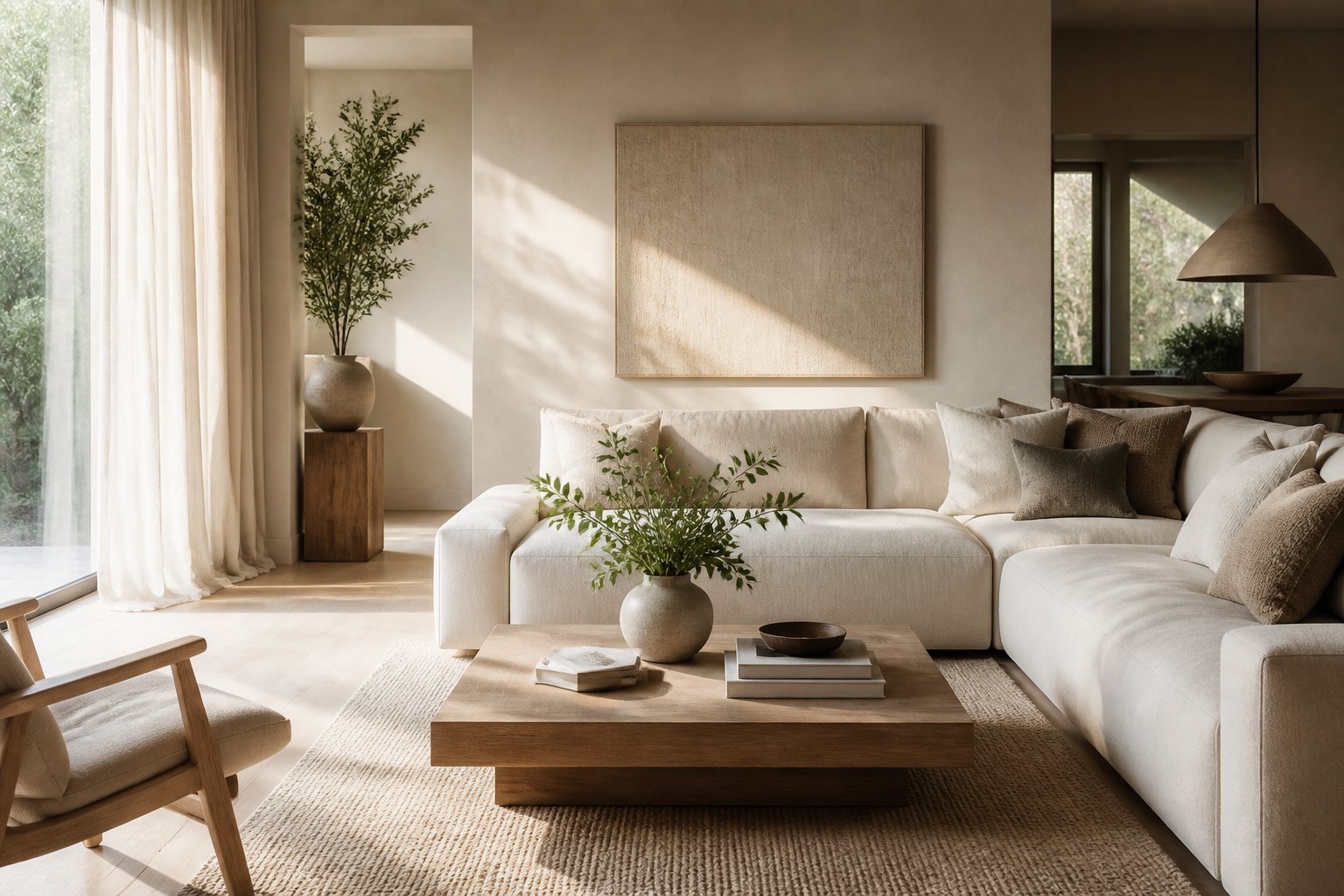 A sunlit minimalist living room with a neutral color palette, featuring a low-profile sofa, wooden coffee table, and simple decorative items.