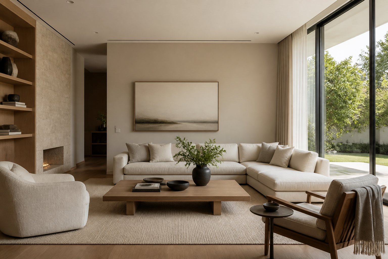 A calm and spacious living room with neutral colors, natural light, and minimalist furnishings creating a peaceful atmosphere.