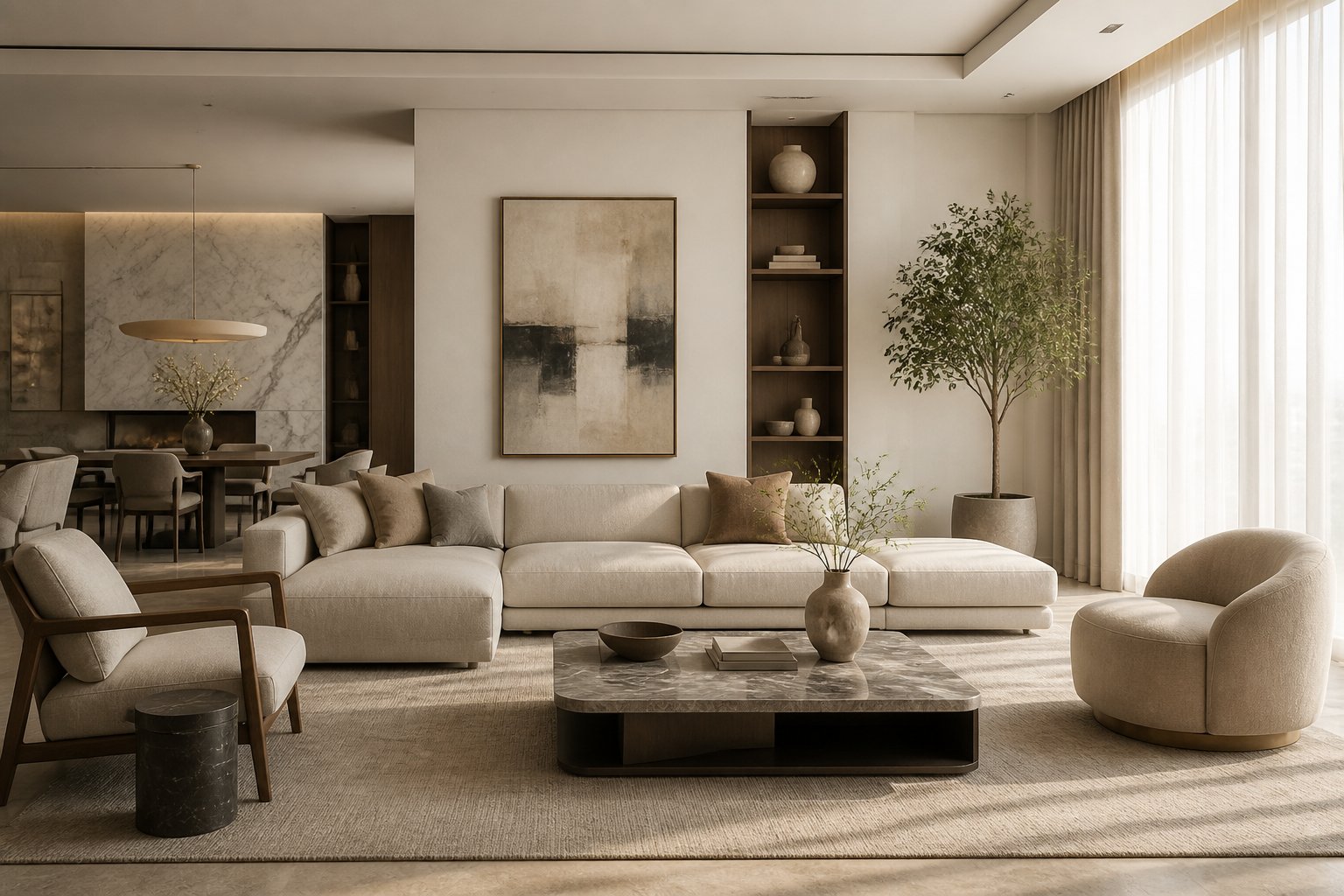 A calm and elegant living room with neutral tones, natural light, and minimalist furniture.