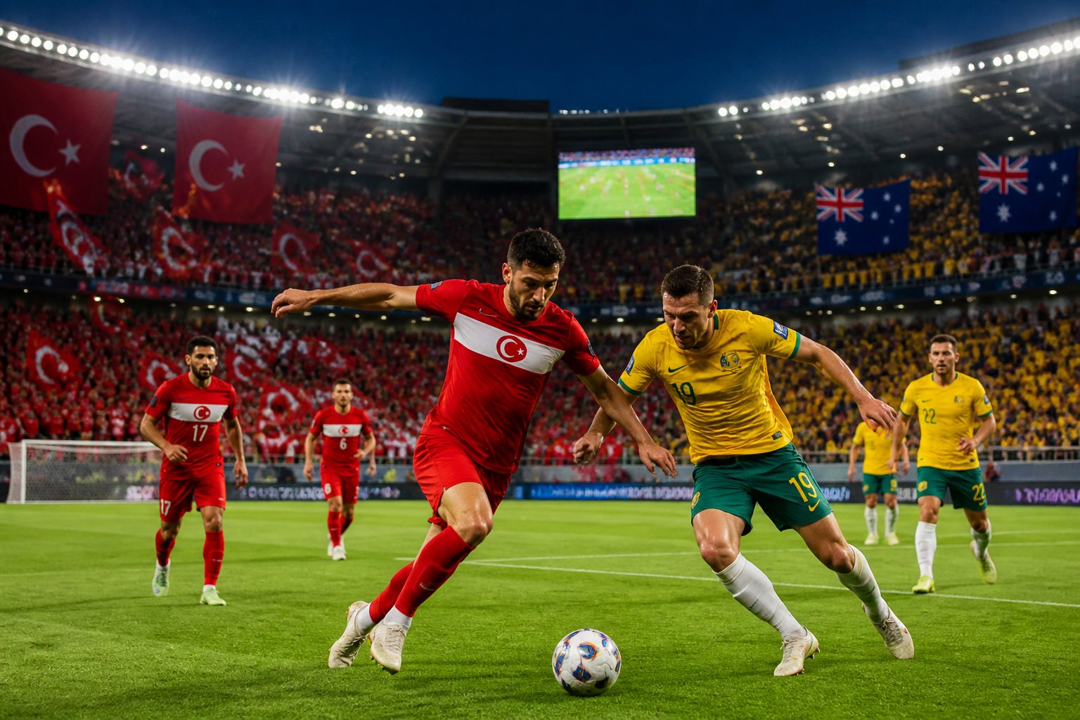 Türkiye ve Avustralya arasında Dünya Kupası maçında futbolcular sahada mücadele ediyor, tribünlerde taraftarlar bayraklarla tezahürat yapıyor.