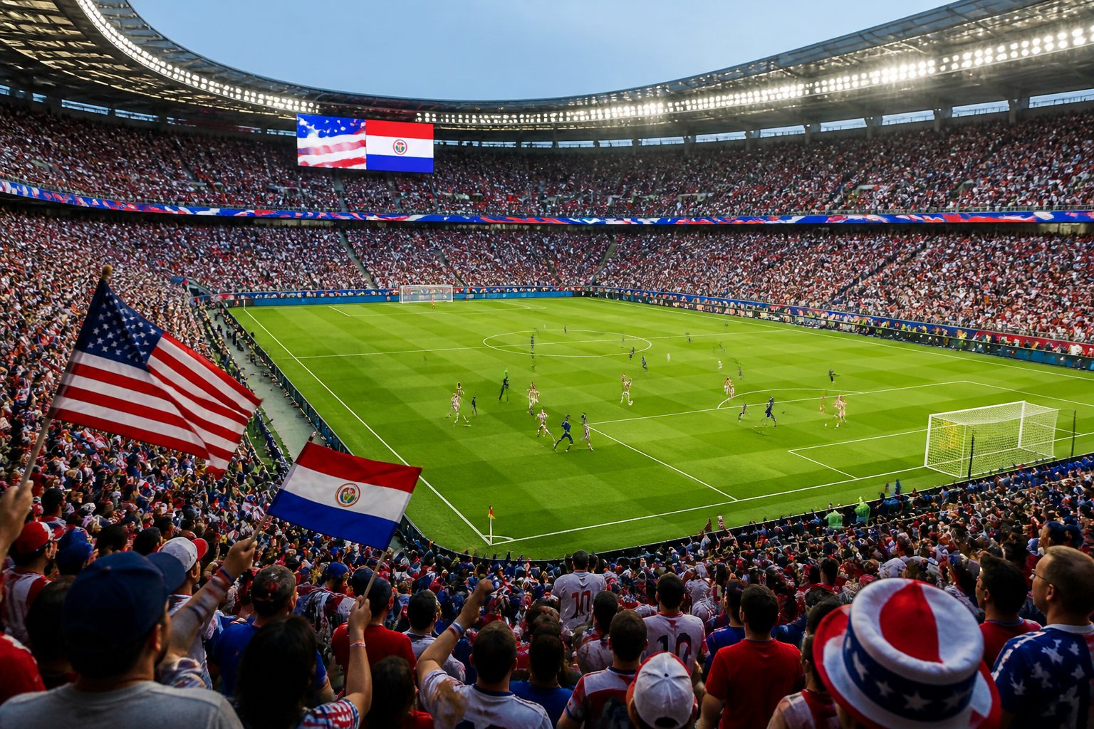 ABD ile Paraguay arasındaki Dünya Kupası maçında dolu bir stadyumda futbolcular sahada mücadele ediyor.