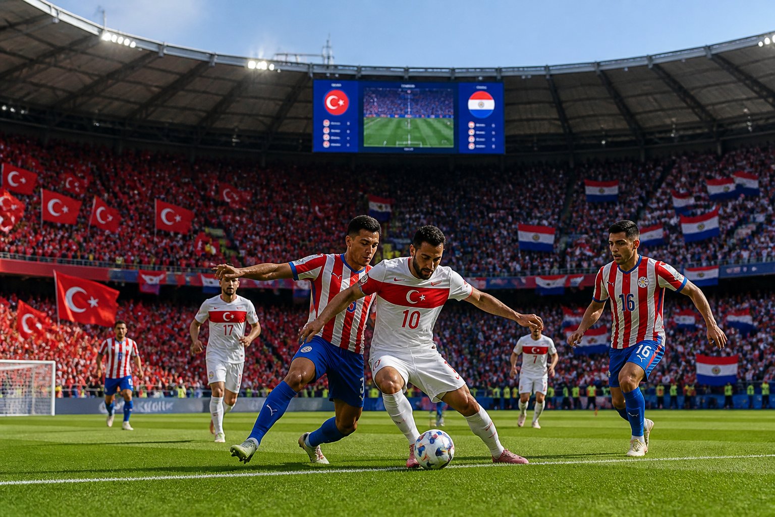 Türkiye ve Paraguay milli takımlarının maç yaptığı, dolu bir stadyumda futbol oynanan bir sahne.